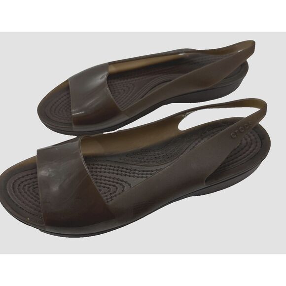 Crocs Shoes Women's Size 7 Brown Peep‎ toe Colorblock Flats Translucent Sandals - Picture 1 of 7
